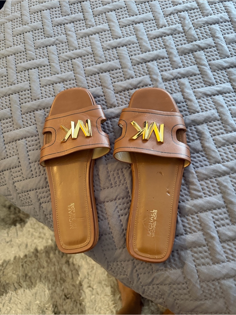 MICHAEL Michael Kors Brown Leather Slide Sandals with Gold MK Accent